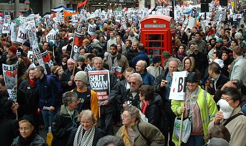 Old-style telephone box joins anti-war demo