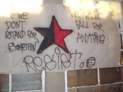 A banner in the courtyard