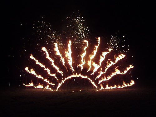 Fire display and fireworks at the end in the park