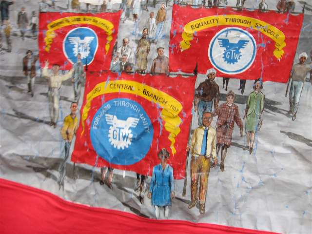 Close-up detail of the banners on the Ford TGWU Central Branch Dagenham's banner