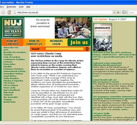 NUJ website frontpage 9th August 2007