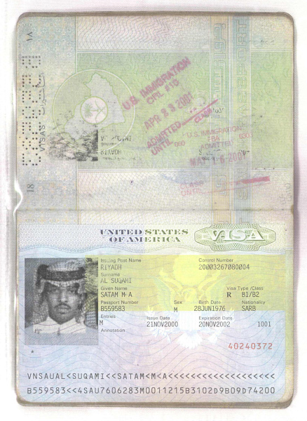 Satam al-Suqami's Saudi Arabian passport open at US visa page