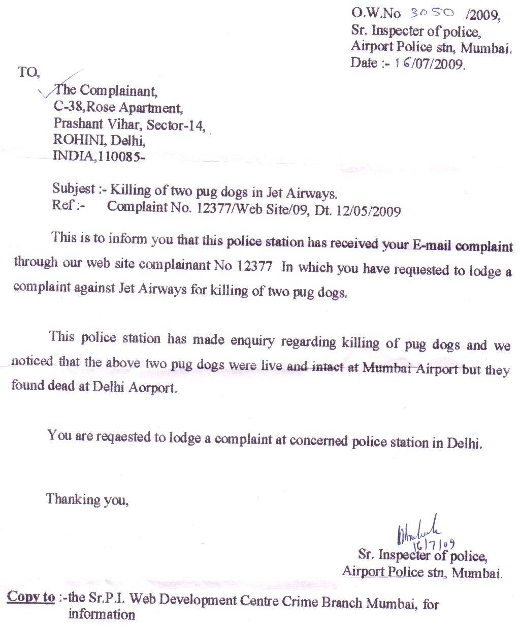 Mumbai Police investigation report about killing of pug pair during Jet Airways