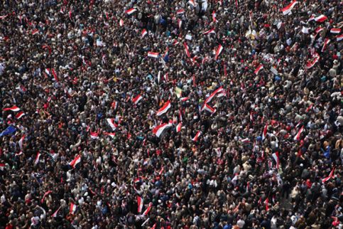 Egyptians protest at Tahrir Square on the day Mubarak left office, 11 ...