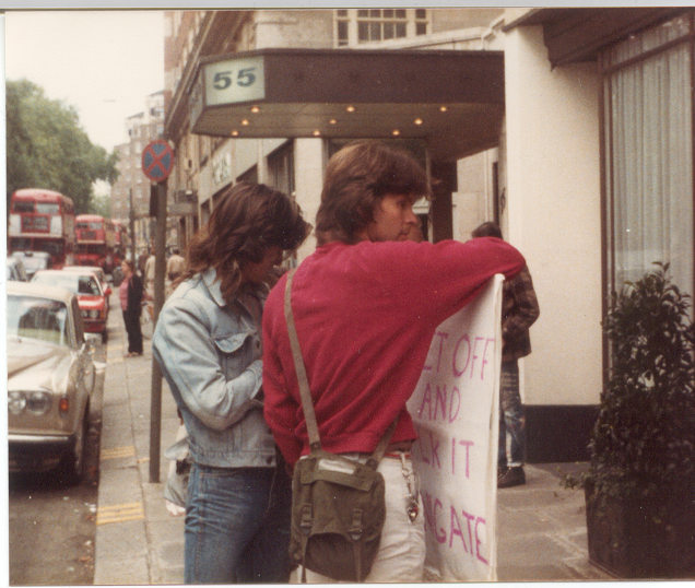 Bob Lambert on protest outside The Dorchester Hotel 1984