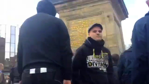 "Urban 863 Division" hoodie throws firework during NF / EDL attack in
