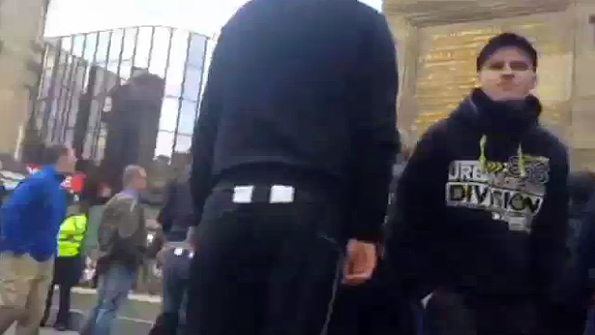 "Urban 863 Division" hoodie throws firework during NF / EDL attack in