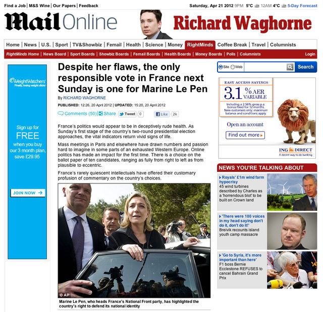 Daily Mail incites readers to support French NF leader