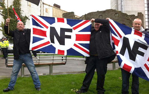 Redwatch organiser Kevin Watmough (right) with NF flag