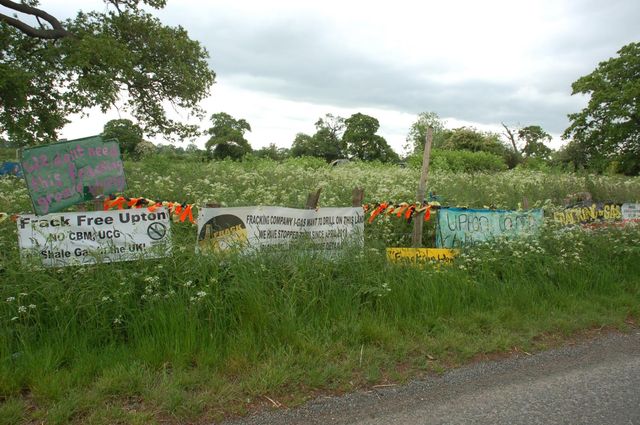 Banners along the road; organic field behind