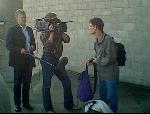 Ulla speaking to Danish film crew outside Kirkcaldy Sheriff Court