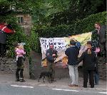 Banner blocks entrance to Haddon Hall