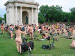 250 cyclists assemble for the World Naked Bike Ride at Wellington Arch (2005)