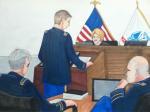 Sketch by Clark Stoeckley: "The prosecution's case is falling like dominoes"