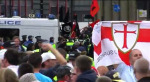 Antifascist black & red flags by the police van. Some of AFN bloc got real close