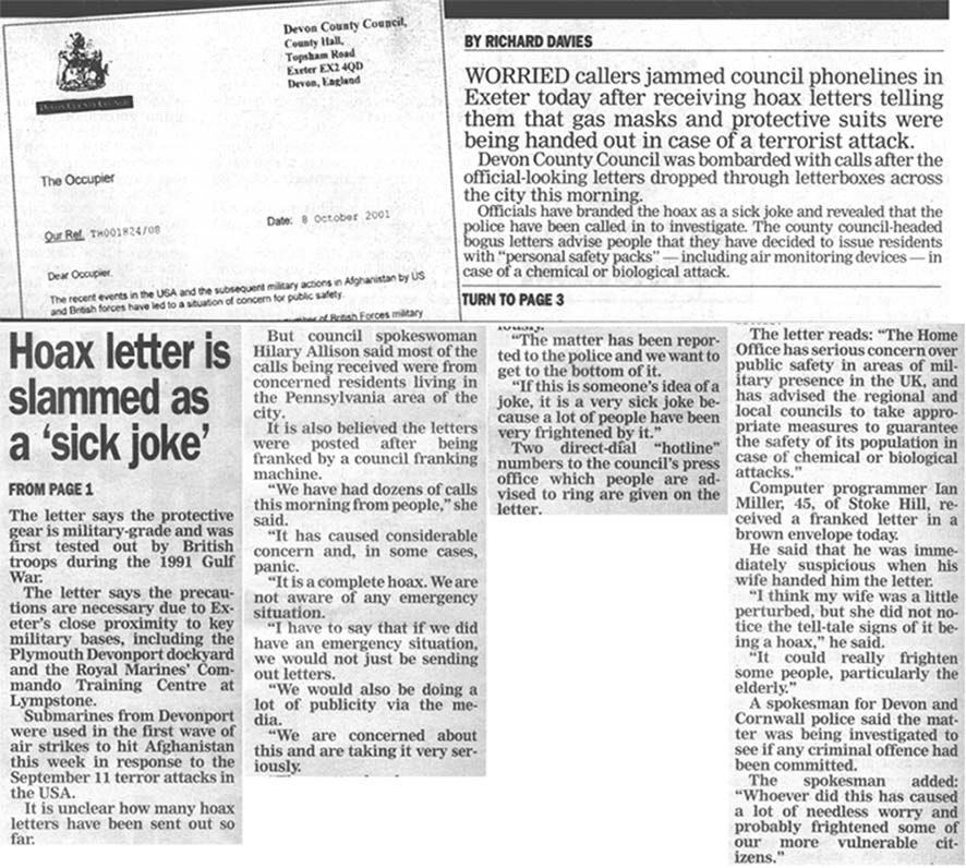 Widespread media hysteria after fake letters in Exeter