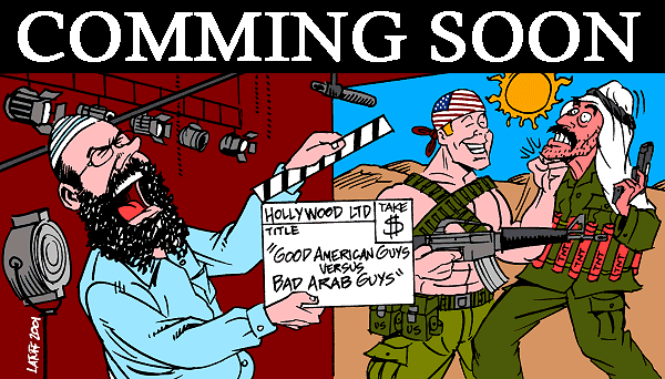 Hollywood presents: "Good American Guys vs Bad Arab Guys" (cartoon by Latuff)