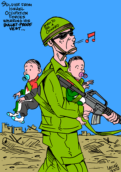 Israeli bullet-proof vest (cartoon by Latuff)