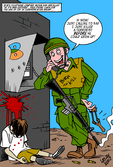 Free phone lines for Israel Occupation Forces (by Latuff)