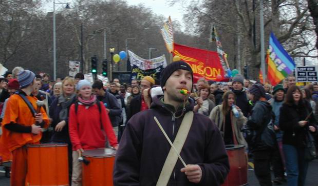 marching along embankment