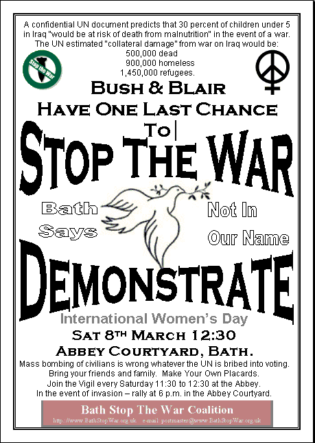 BATH CITY DEMONSTRATION ON INTERNATIONAL WOMEN'S DAY - SAT 8th March.