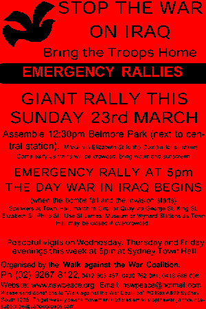 When War Starts : EVENTS , CONTACTS , NSW + AUSTRALIA-WIDE: STOP THE WAR ON IRAQ