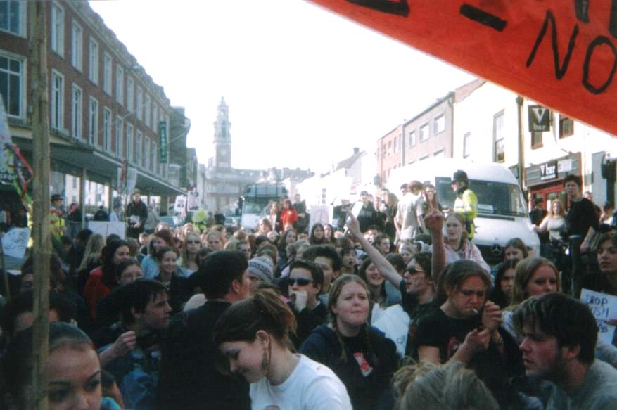 Students gather in Colchestet Town Centre