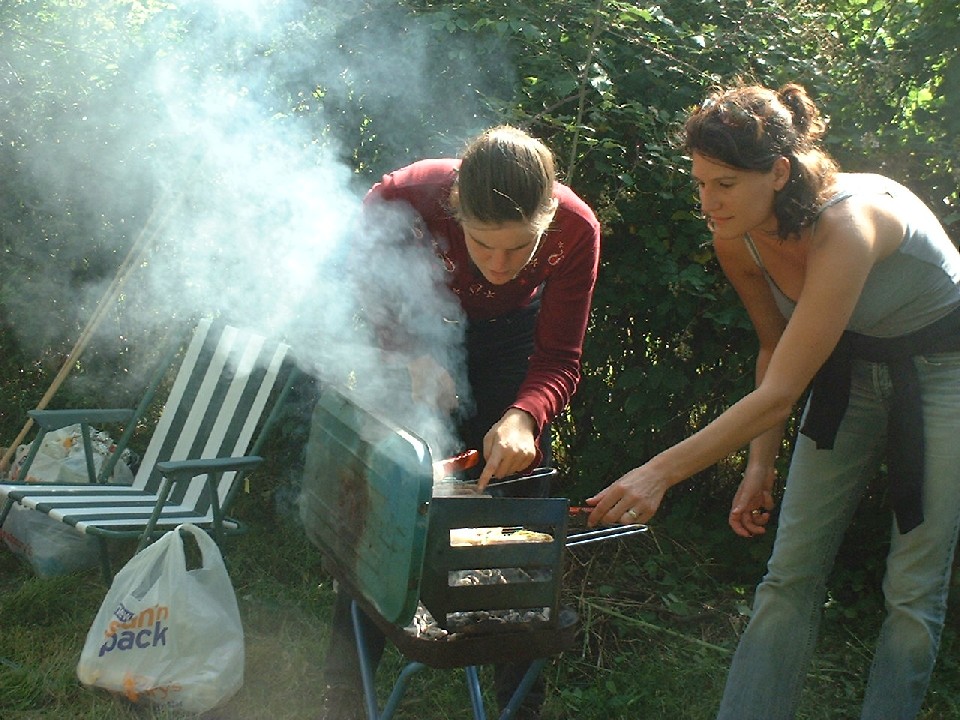 All took turns to burn the vegie burgers
