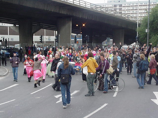 a samba band arrives at roundabout