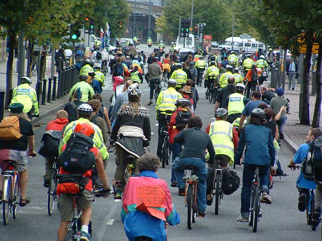 Lots of police on bicycles - less polluting than motorised police
