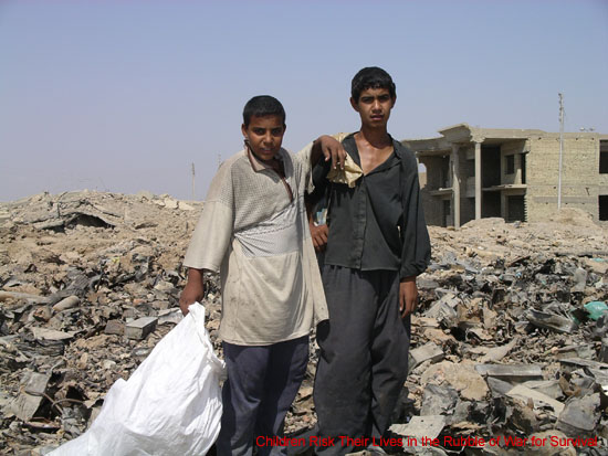 Childern picking scrap materials from the weapon dumbs