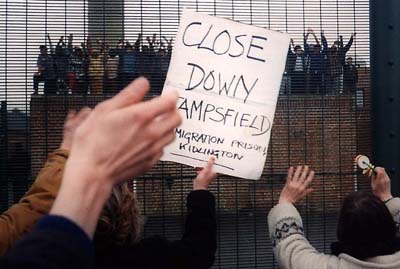 Rooftop protest at beginning of mass hunger strike, 1994