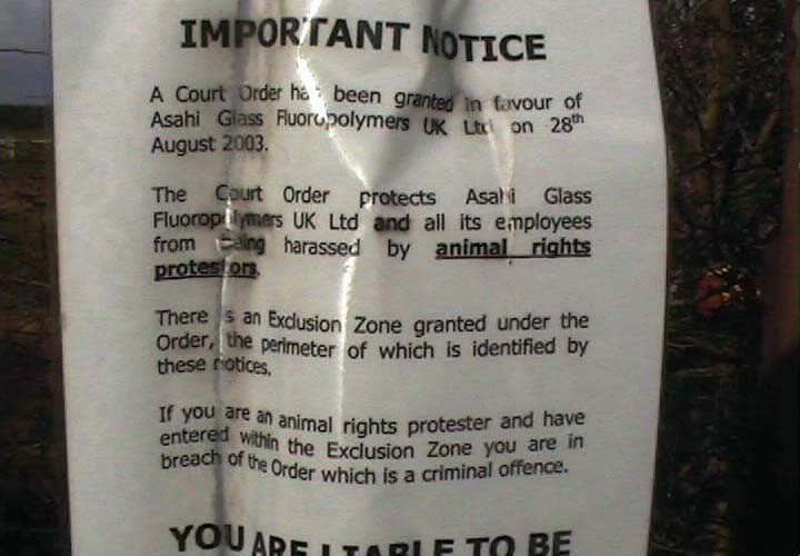 Notice of injunction against animal right activists at Asahi Glass