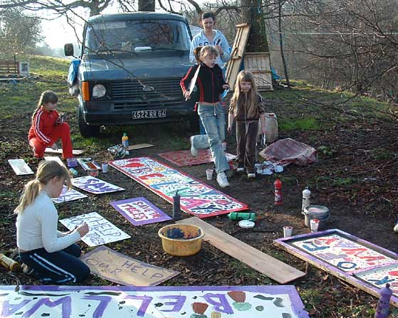 Local kids get busy with the agitprop.