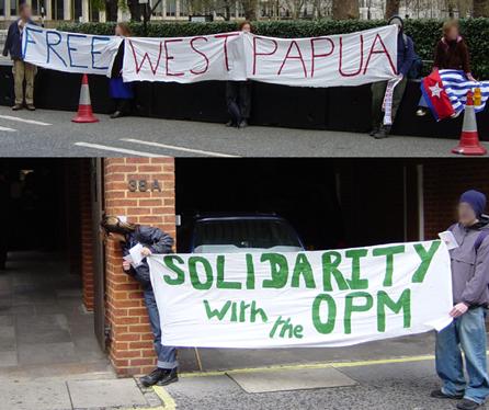Demonstrators at both entrances to the Indonesian embassy, London