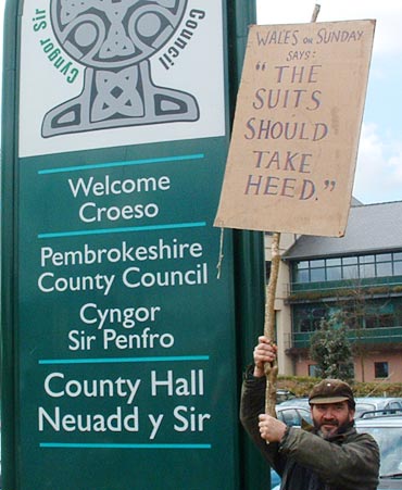 Simon Fairlie (SF) at the demo in Haverfordwest on Tuesday