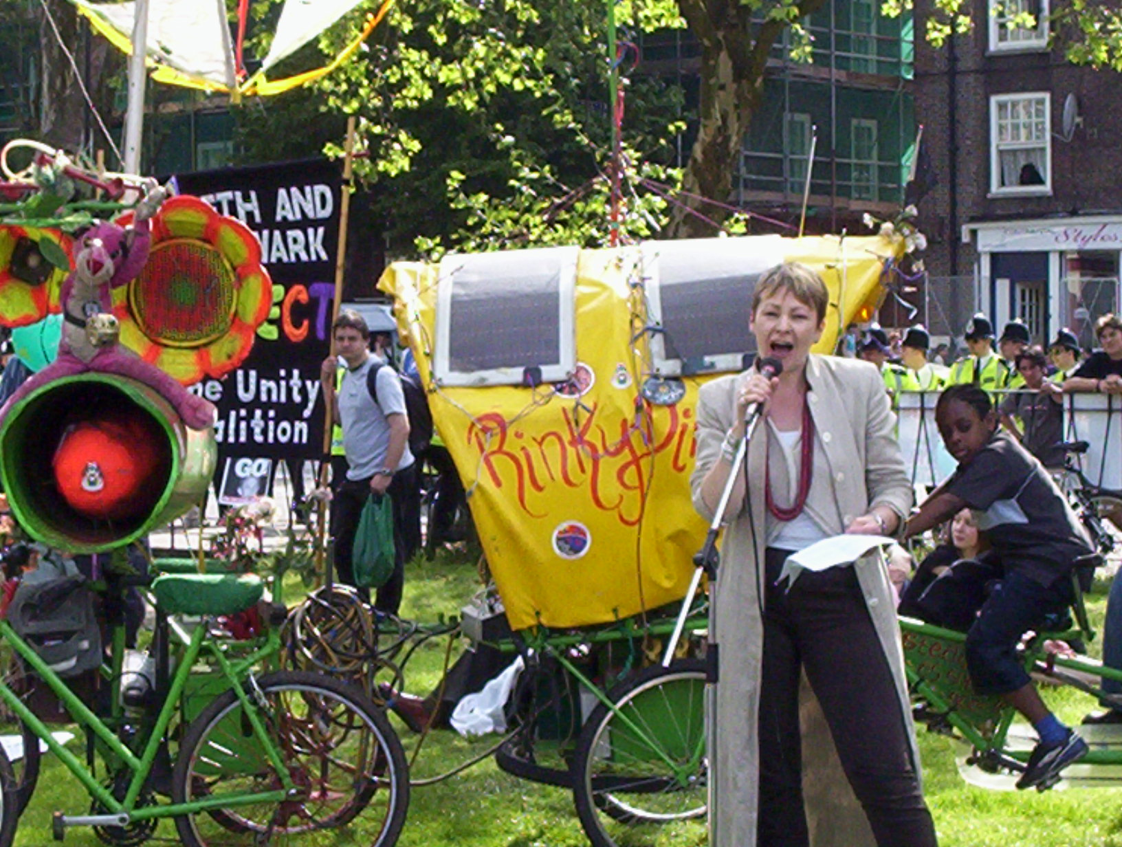caroline lucas talks outside the imperial war museum