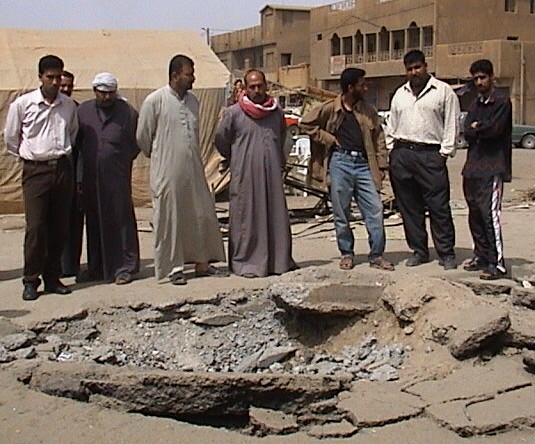 bomb crater in central Bagdhad