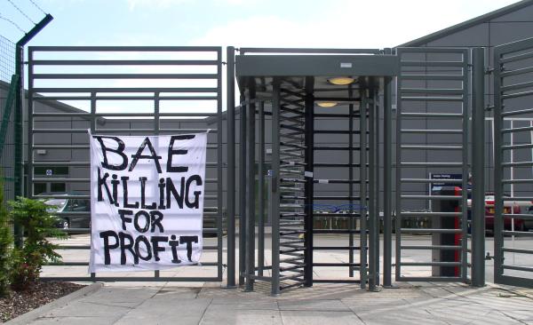 blue lock at the gate, banner, at BAE systems Edinburgh, Crewe Toll