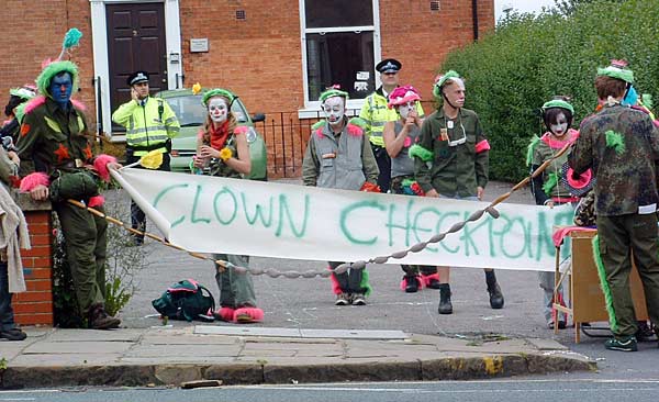 The clown checkpoint outside the Labour offices in Leeds