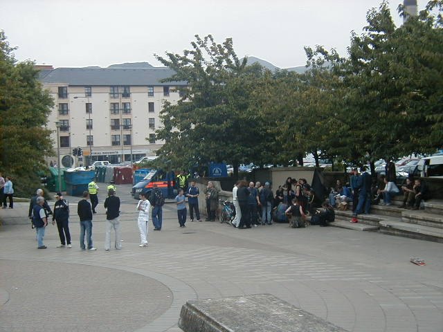 Gathering in Bristo Square, near Edinburgh University.