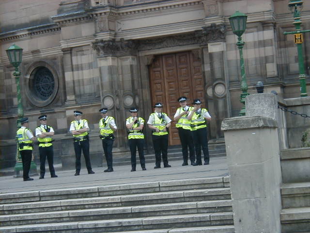 Police outside McEwan lecture hall, Bristo Square.