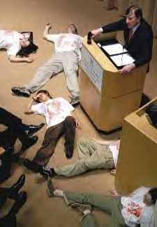 Die-In at Doulas Daft Speech at Yale, March 31, 2004