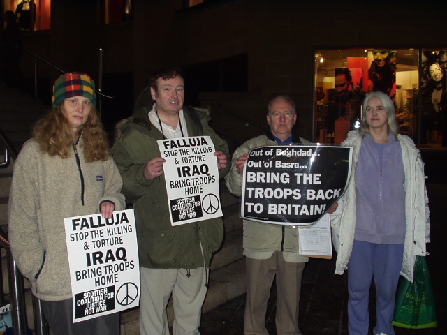 Vigil for Fallujah by the steps to the Glasgow Royal Concert Hall.