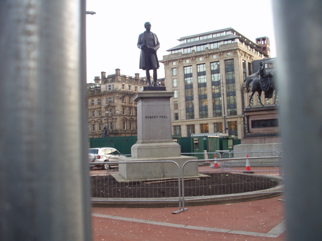 George Square being refurbished. Statues are of Robert Peel and Prince Albert.