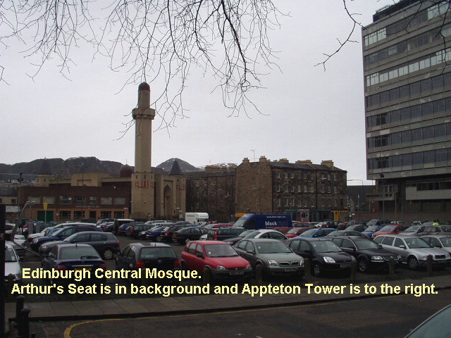 Edinburgh Central Mosque. Snow covered Arthur's seat is in the background.