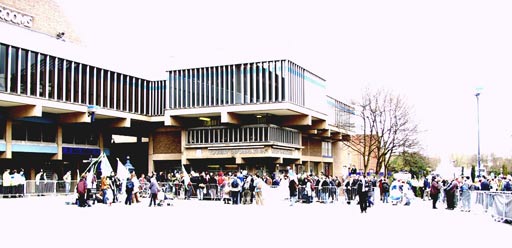 The scene - most people on other side of the huge police protest pen