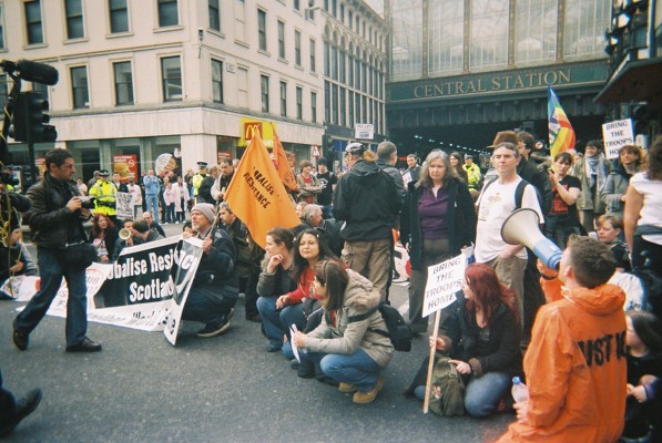 Sit down protest at the junction of Argyle Street and Union Street.