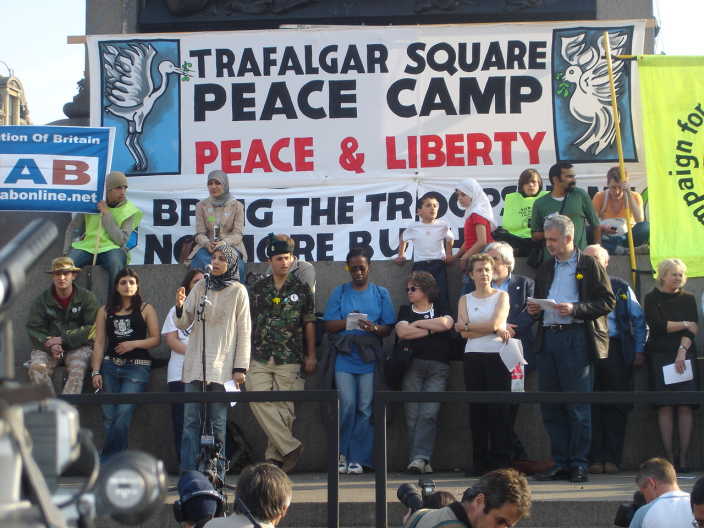 BSTWC chair Salma Yaqoob speaking in Trafalgar Square