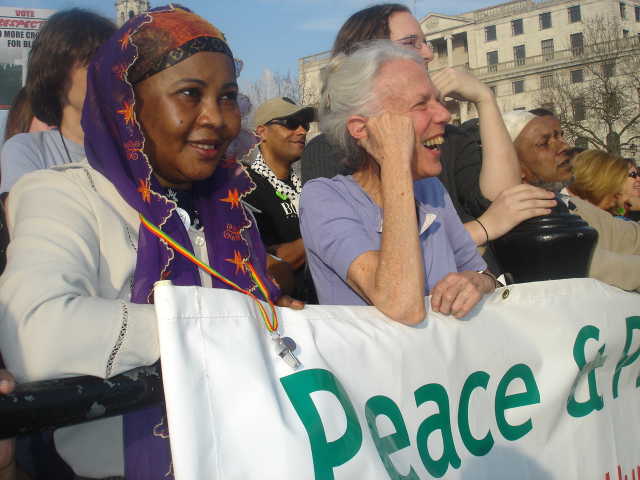 Two women enjoying the peace rally